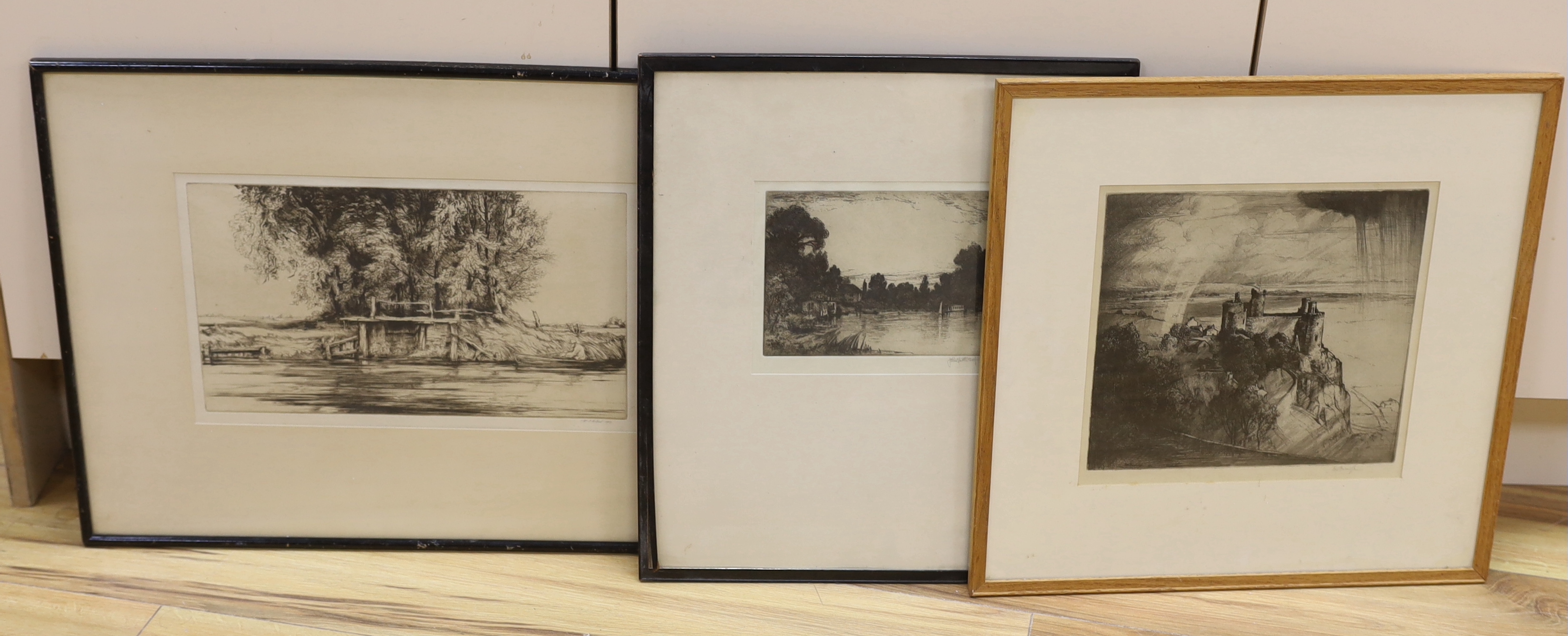 Three drypoint etchings, John Fullwood, 'Laleham-on-Thames', 14 x 18.5cm, and Loch Gates, dated 1923, 20 x 35cm and Harlech Castle by other hands, ...? 24 x 26cm